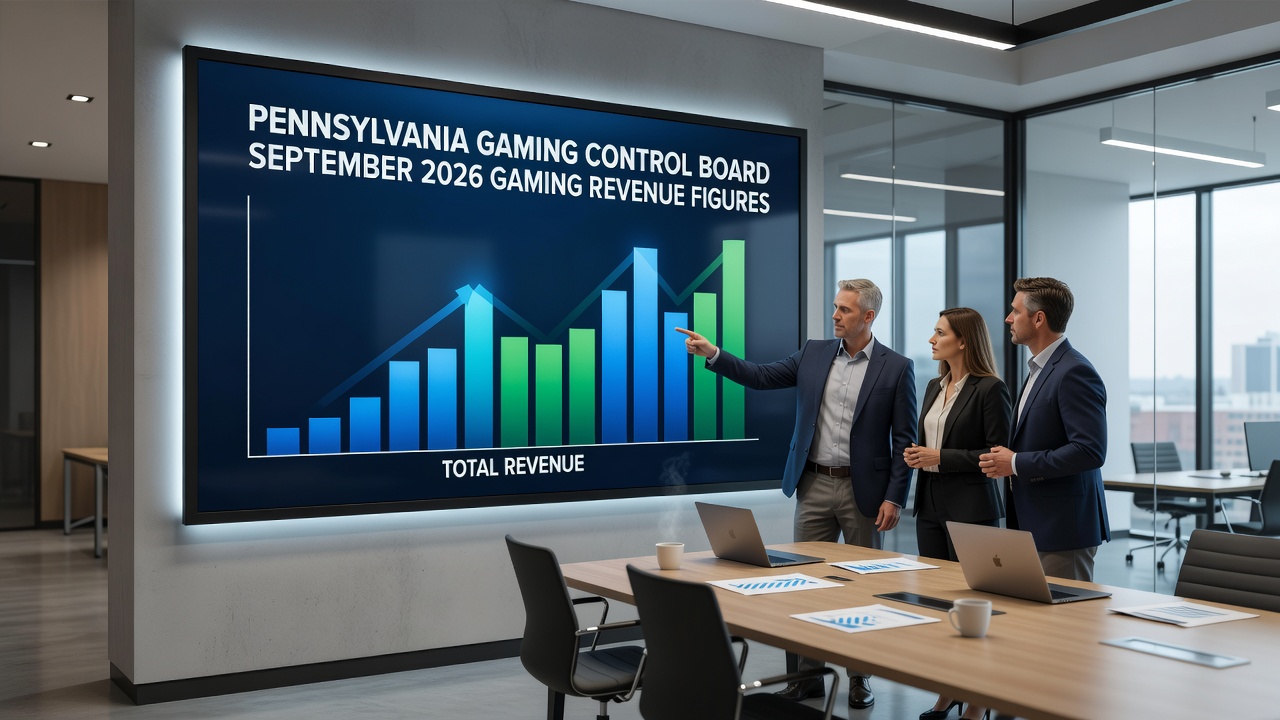 Chart displaying monthly gaming revenue trends in Pennsylvania with upward arrow indicating growth