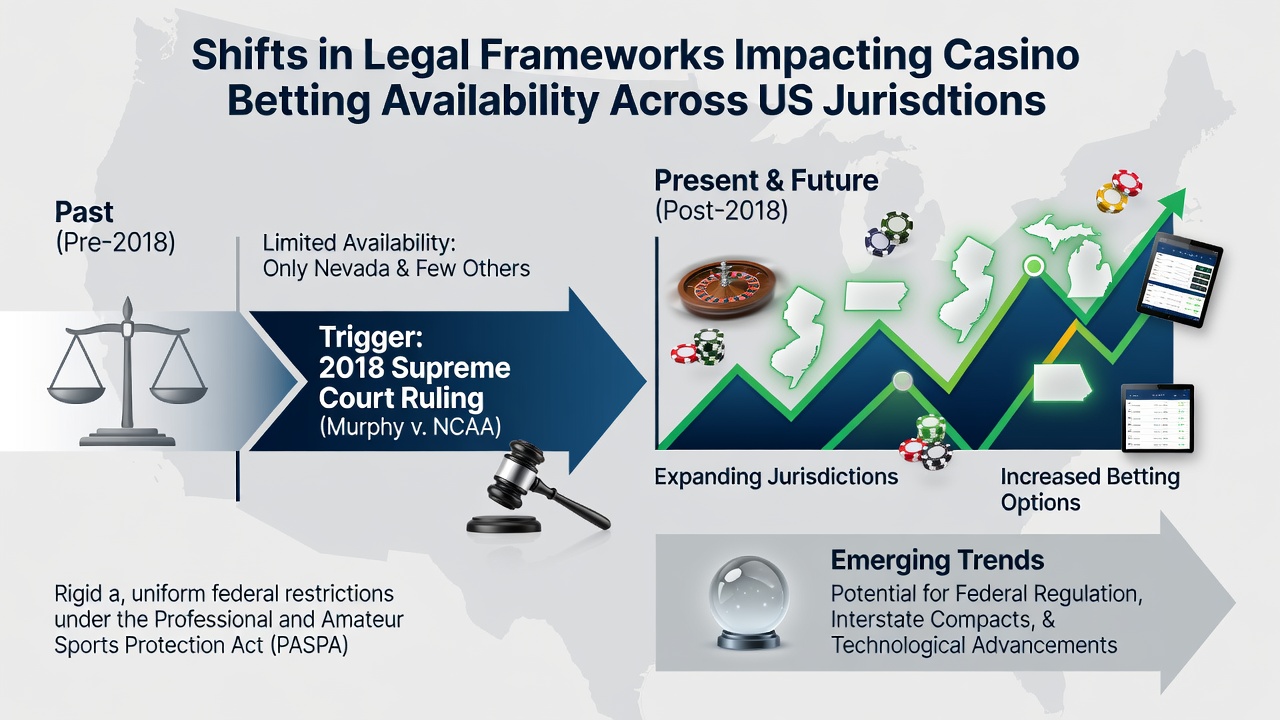 Illustration of regulatory documents and state capitol buildings representing legislative changes in US casino betting laws
